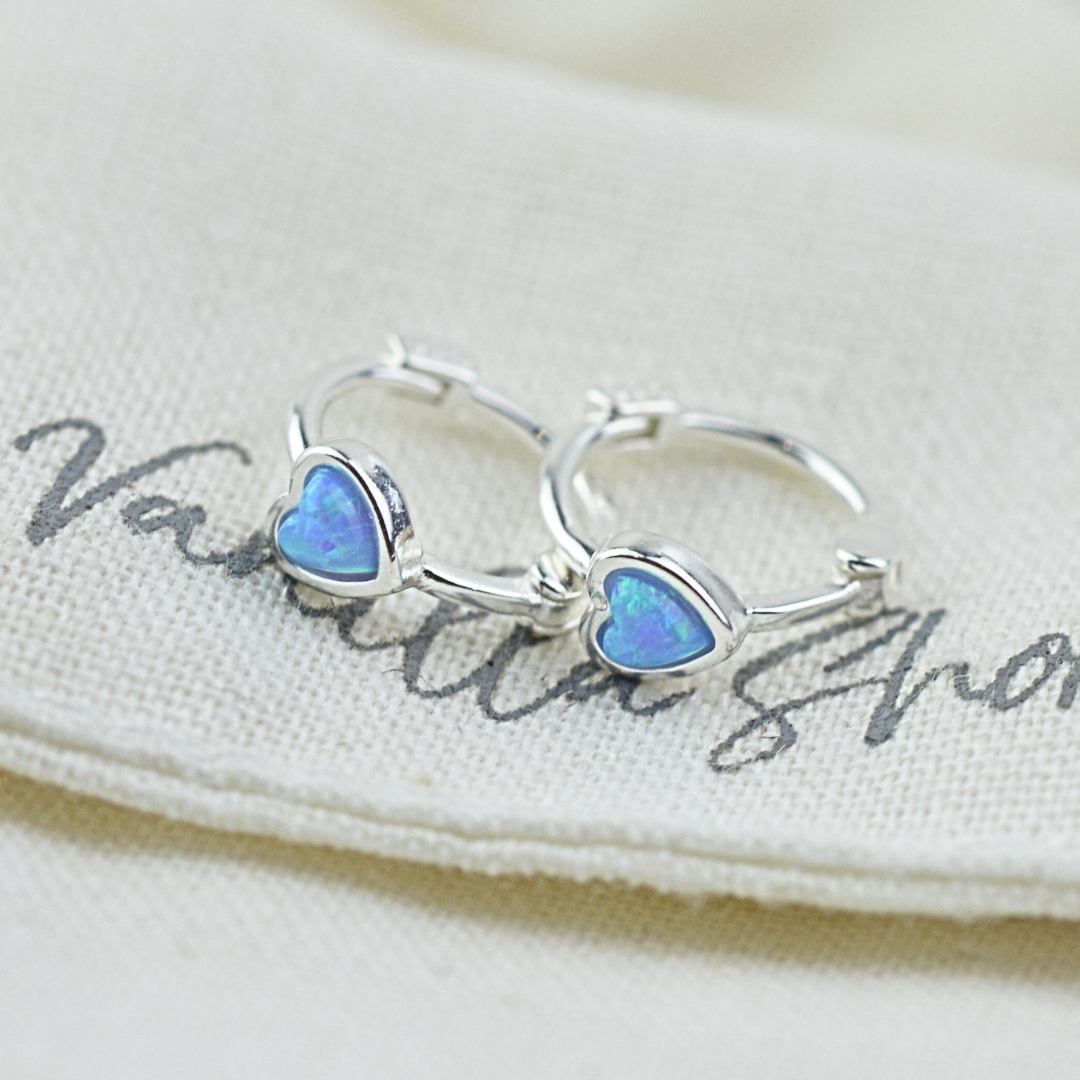 Earrings - Mini Azure Heart Opal Hoops