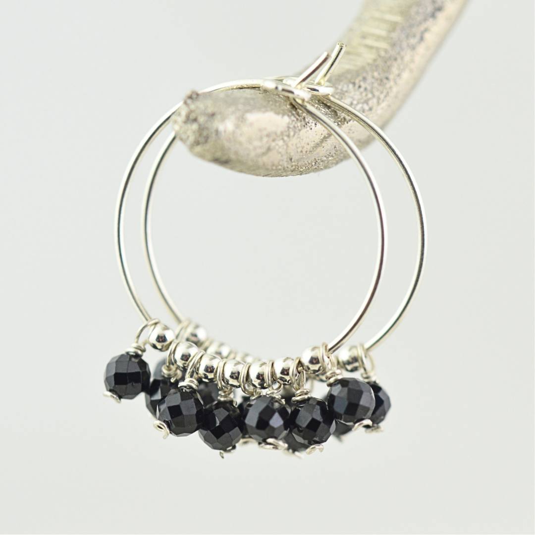 EARRINGS - Black Spinel Gypsy Hoops