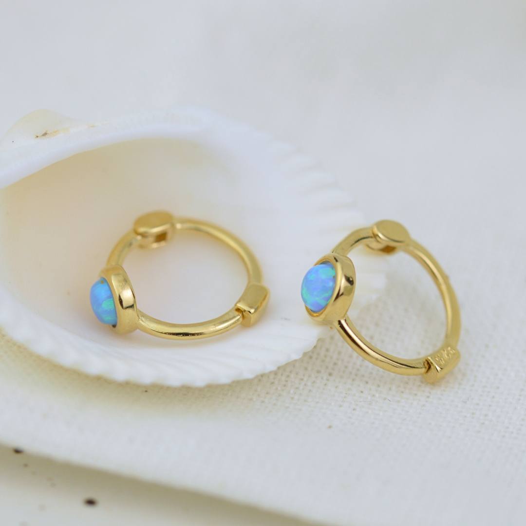 Earrings - Mini Gold Azure Opal Hoops