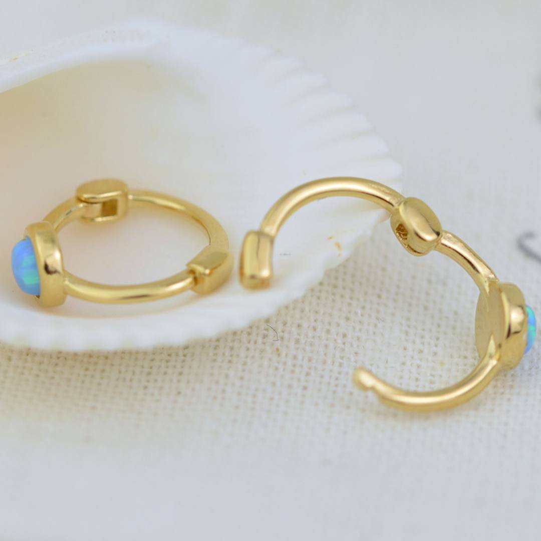 Earrings - Mini Gold Azure Opal Hoops