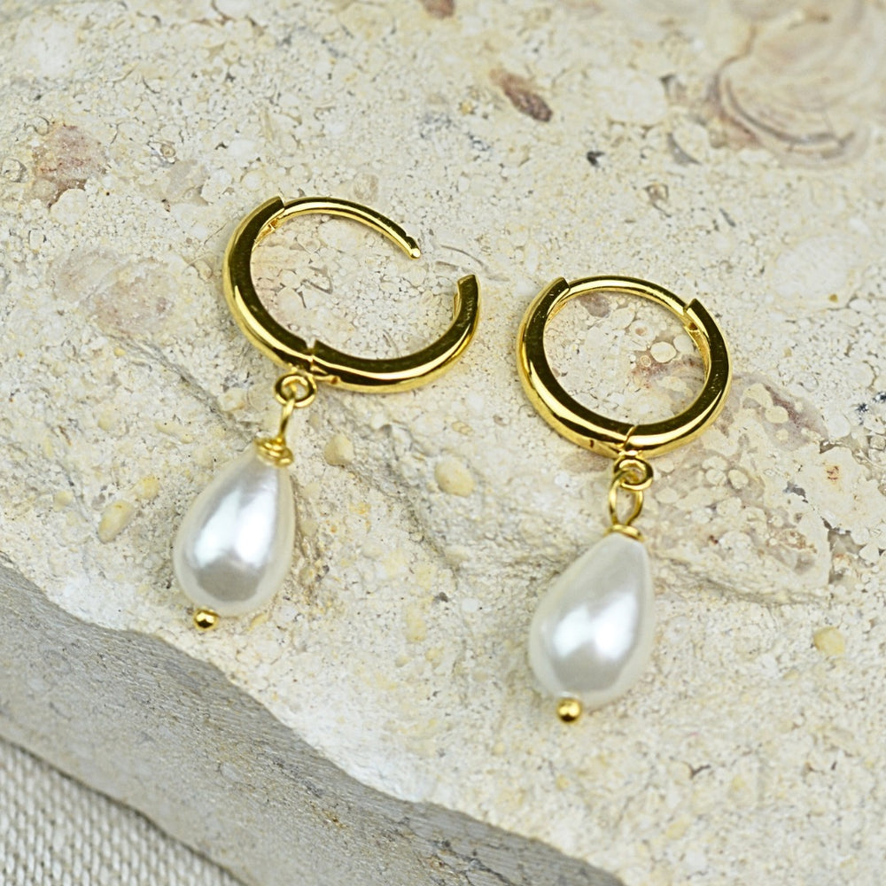 EARRINGS - Gold Droplet Pearl Huggies