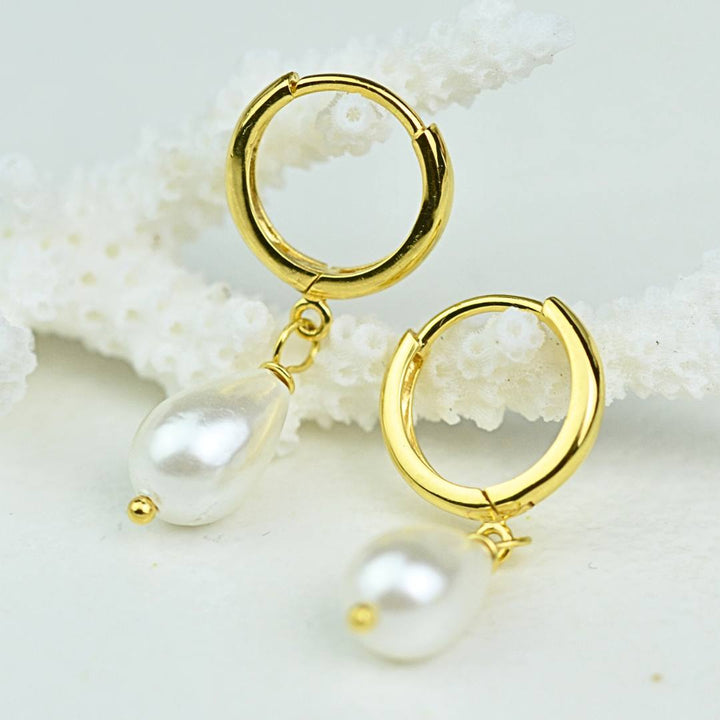 EARRINGS - Gold Droplet Pearl Huggies